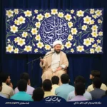 طرح بنر و کتیبه ولادت امام رضا (ع) زمینه آبی گلدار با کاشی‌کاری سنتی تایپوگرافی امام رضا 8036