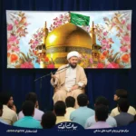 طرح بنر و کتیبه ولادت امام رضا (ع) تصویر گنبد طلایی حرم امام رضا با گل‌های بهاری 8038