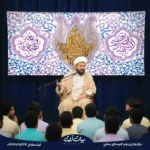 طرح بنر و کتیبه ولادت امام رضا (ع) زمینه کاشی‌کاری آبی روشن و کتیبه یا امام رضا 8042